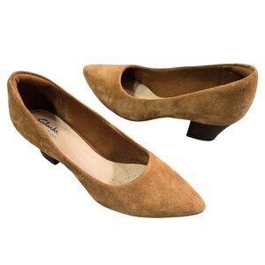 Clarks Teresa Step Tan Suede Leather Pointed Toe Pumps Ultimate Comfort Neutral